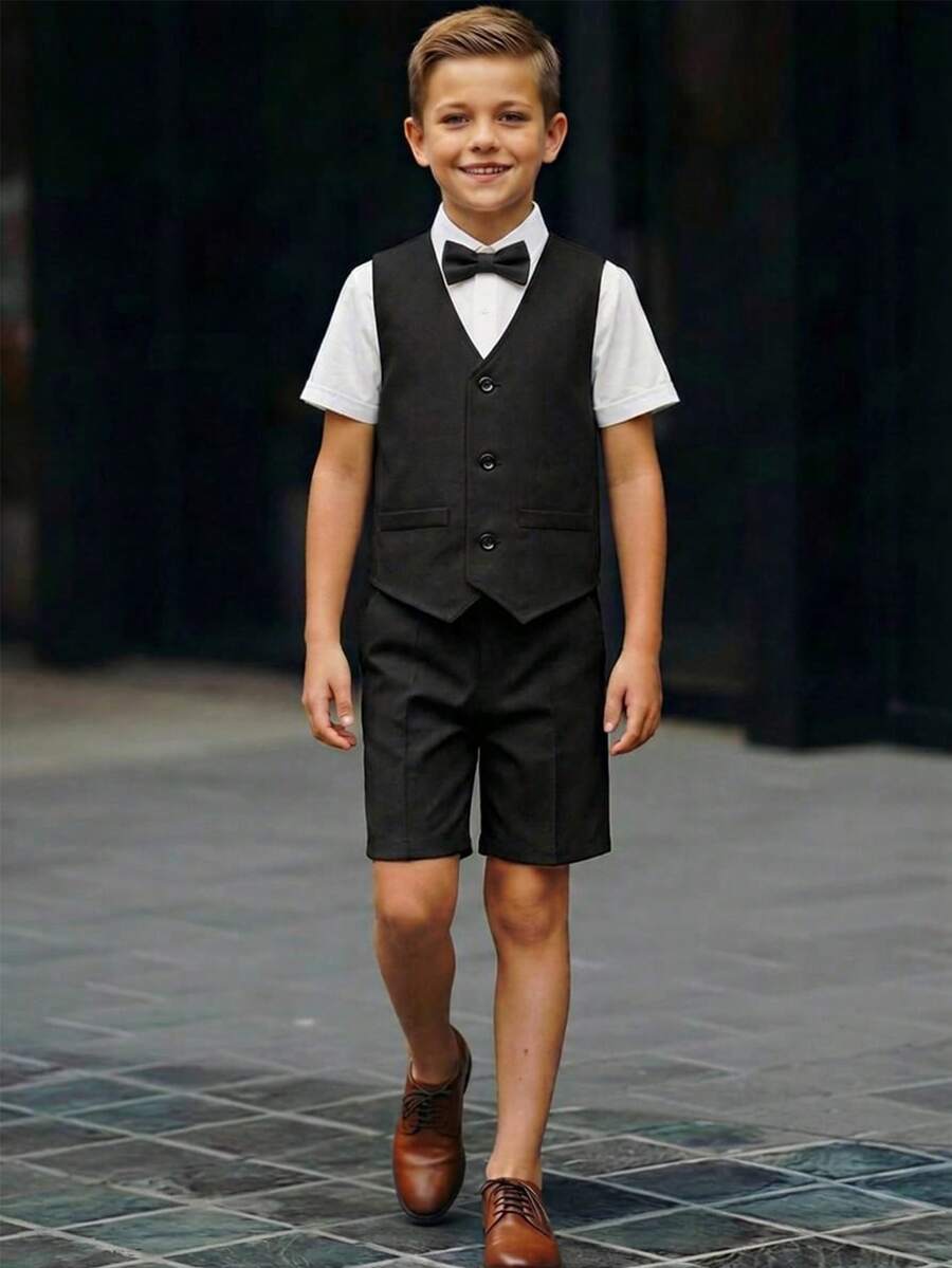 3pcs Big Boys Formal Waistcoat Shirt & Shorts Set - Onyx | 21 Centu...