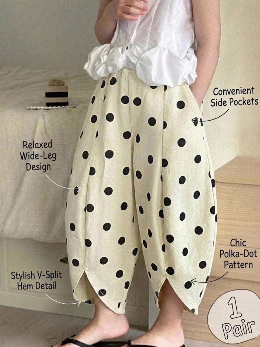 Little Girls Polka Dot Wide-Leg Denim Trousers - Ecru | 21 Century ...
