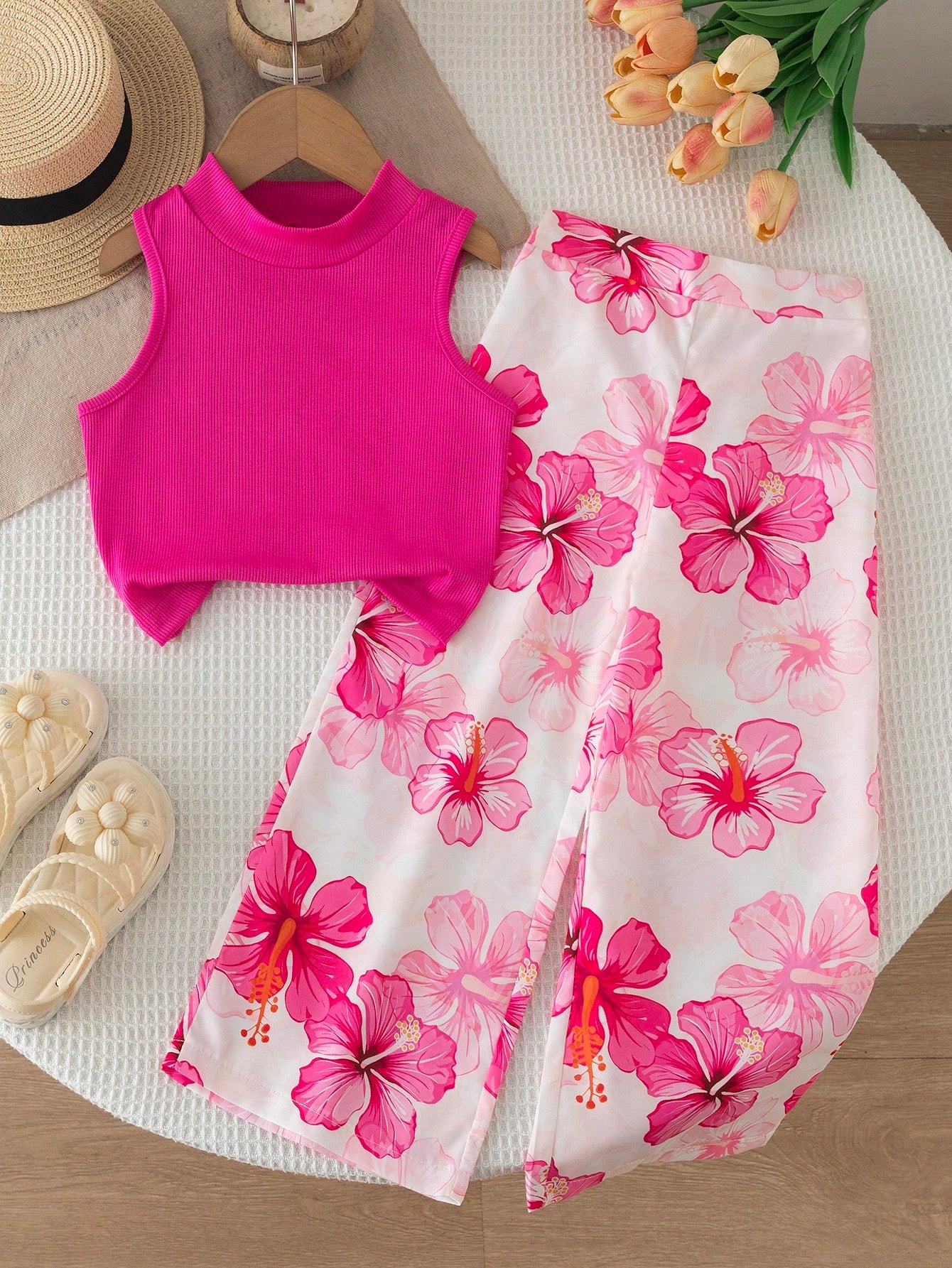 2pcs Girls Ribbed Tank Top & Hibiscus Wide-Leg Pants Set - Fuchsia ...