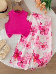 2pcs Girls Ribbed Tank Top & Hibiscus Wide-Leg Pants Set - Fuchsia ...