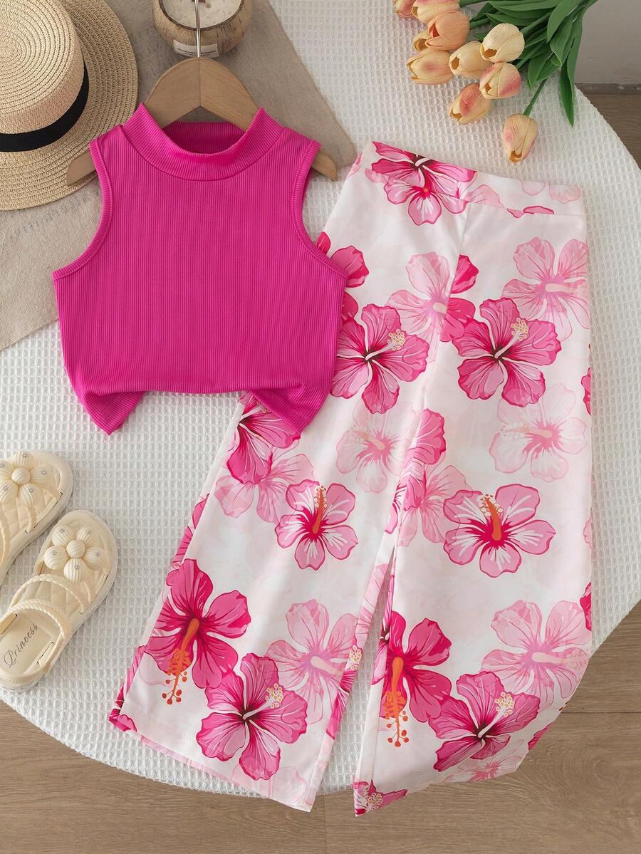 2pcs Girls Ribbed Tank Top & Hibiscus Wide-Leg Pants Set - Fuchsia ...