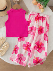 2pcs Girls Ribbed Tank Top & Hibiscus Wide-Leg Pants Set - Fuchsia ...