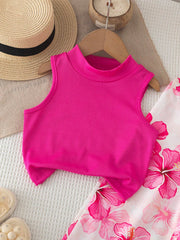 2pcs Girls Ribbed Tank Top & Hibiscus Wide-Leg Pants Set - Fuchsia ...