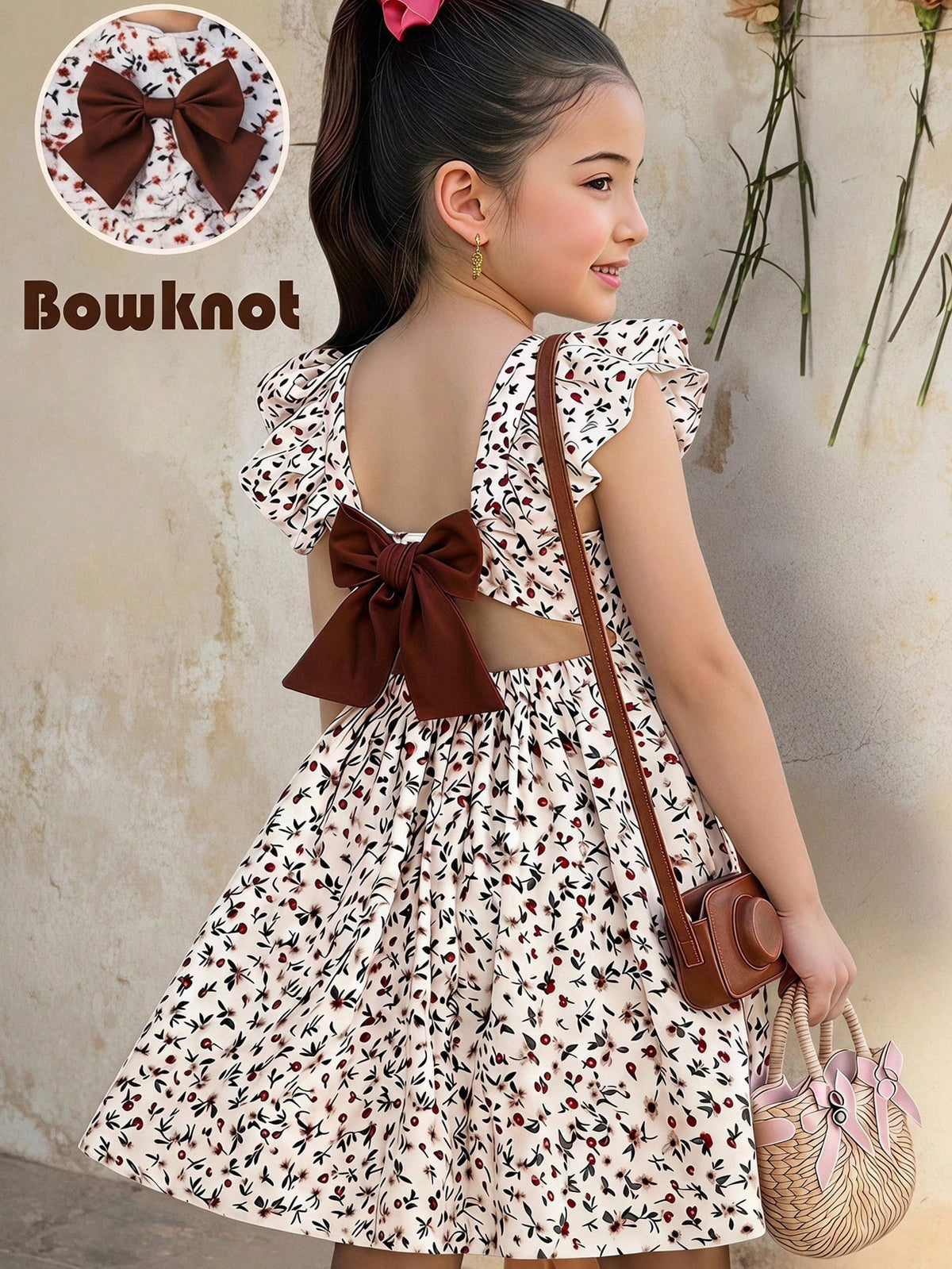 Little Girls Ditsy Floral Ruffle Back-Bow Dress - Ivory | 21 Centur...