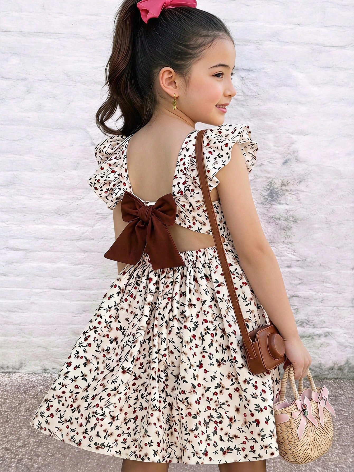 Little Girls Ditsy Floral Ruffle Back-Bow Dress - Ivory | 21 Centur...