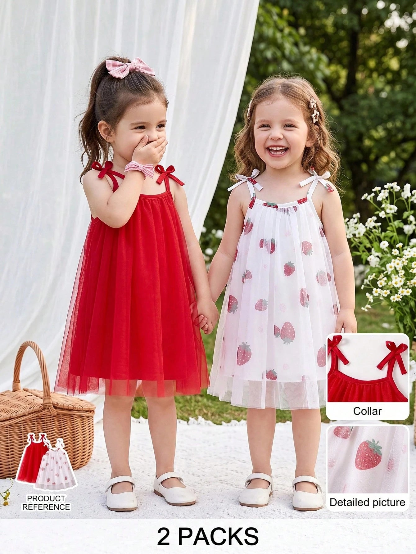 2pcs Girls Strawberry Print Tulle & Bow Strap Sundress Set - Scarle...
