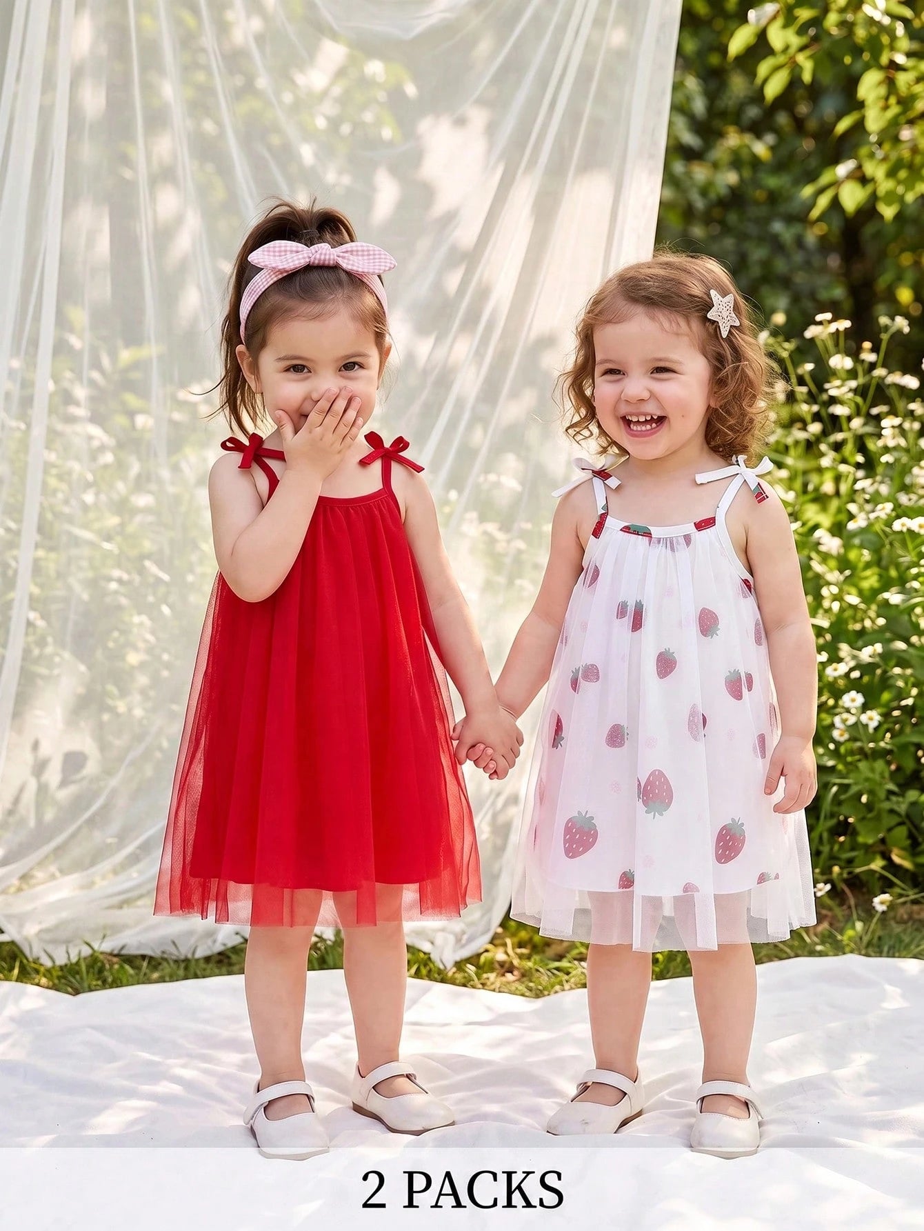 2pcs Girls Strawberry Print Tulle & Bow Strap Sundress Set - Scarle...