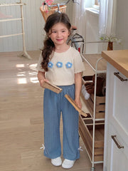 2pcs Little Girls Crochet Flower Tee & Wide-Leg Pants Set - Cerulea...