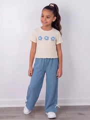 2pcs Little Girls Crochet Flower Tee & Wide-Leg Pants Set - Cerulea...
