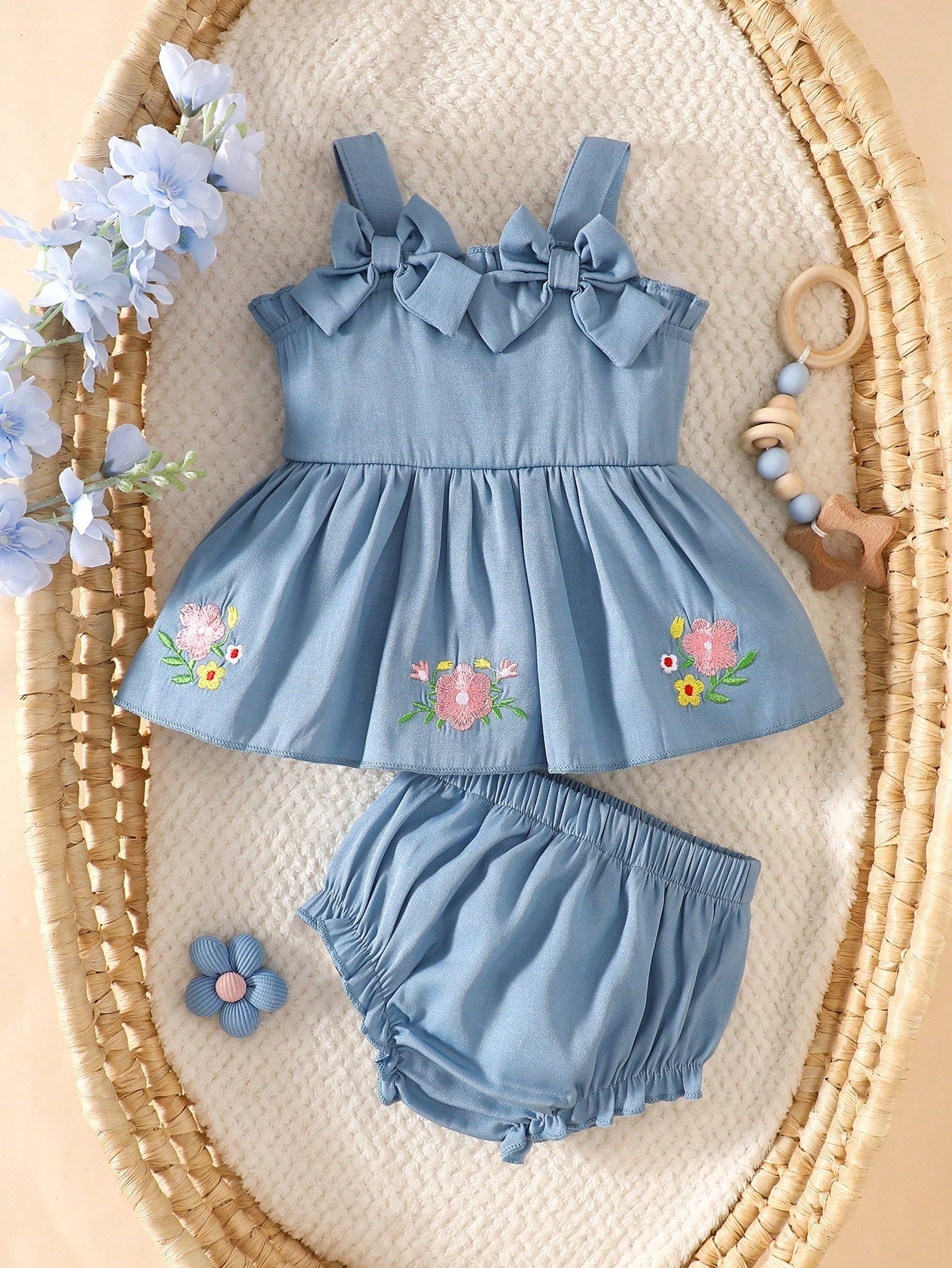 2pcs Baby Girls Floral Embroidered Bow Camisole Top & Bloomer Set -...