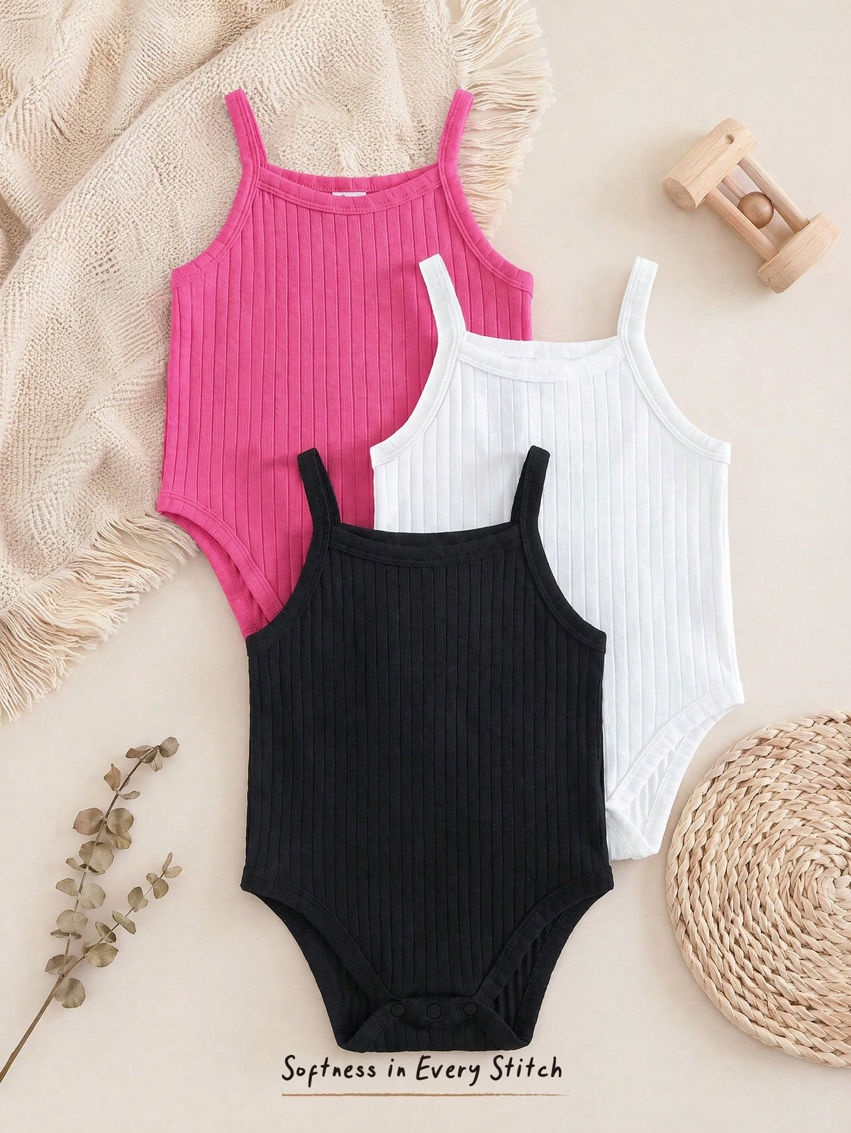 3pcs Girls Ribbed Knit Spaghetti Strap Bodysuit Set - Fuchsia | 21 ...