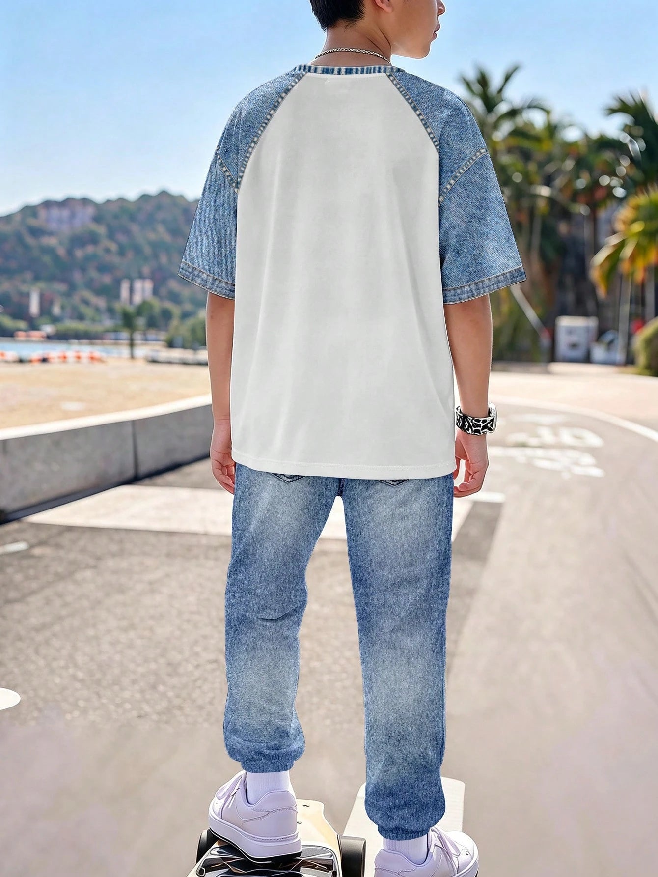 2pcs Big Boys Denim Appliqué Raglan Tee & Jogger Set - Ivory | 21 C...
