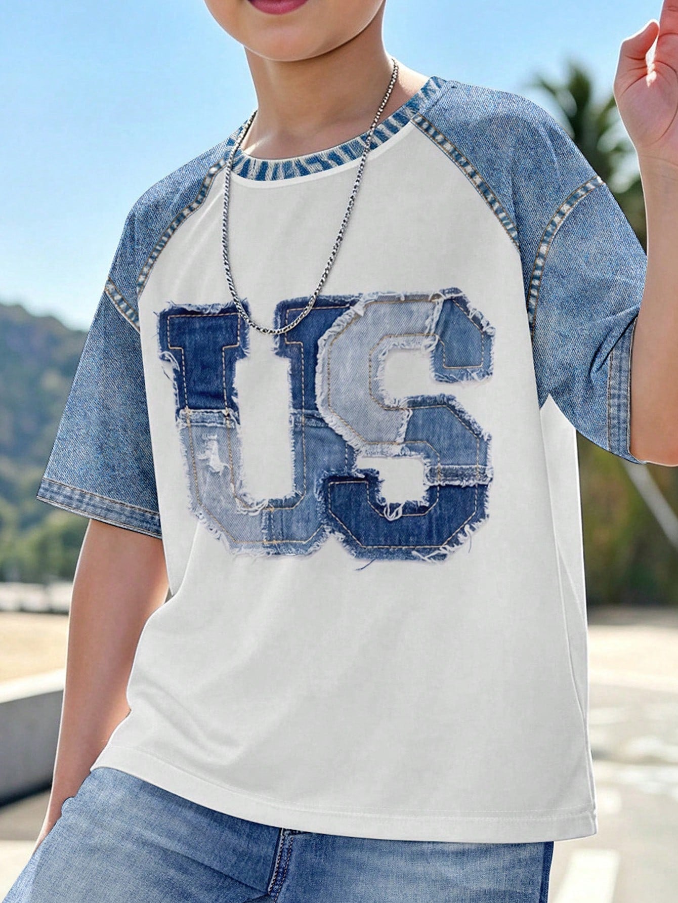 2pcs Big Boys Denim Appliqué Raglan Tee & Jogger Set - Ivory | 21 C...