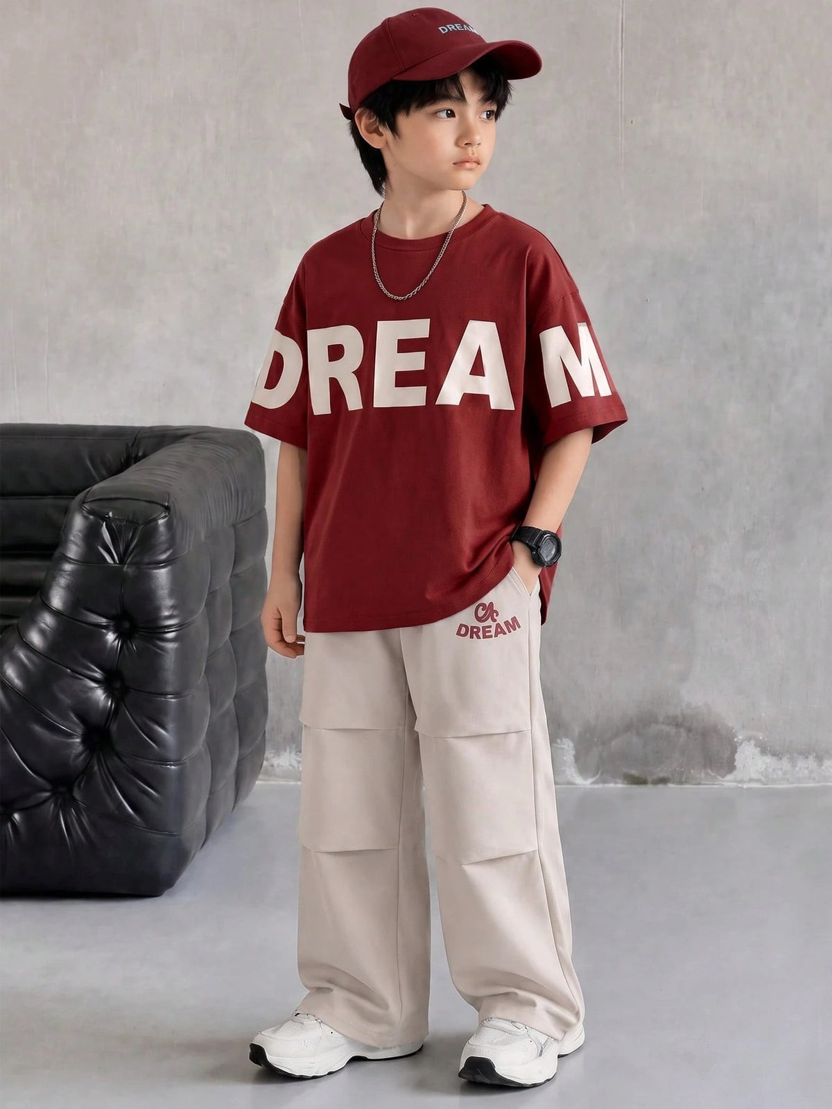 2pcs Boys Dream Print Oversized Tee & Cargo Pants Set - Crimson | 2...