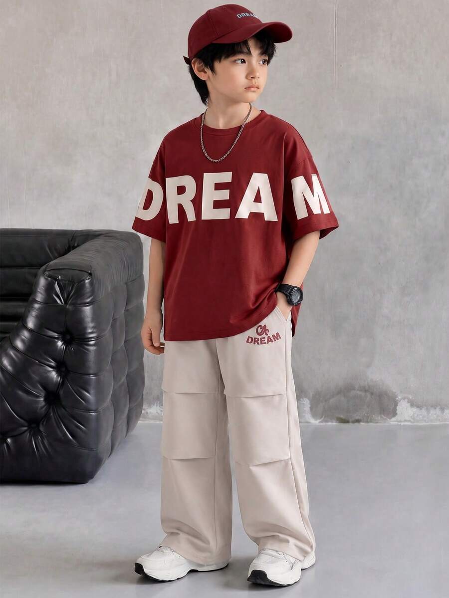2pcs Boys Dream Print Oversized Tee & Cargo Pants Set - Crimson | 2...