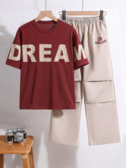2pcs Boys Dream Print Oversized Tee & Cargo Pants Set - Crimson | 2...