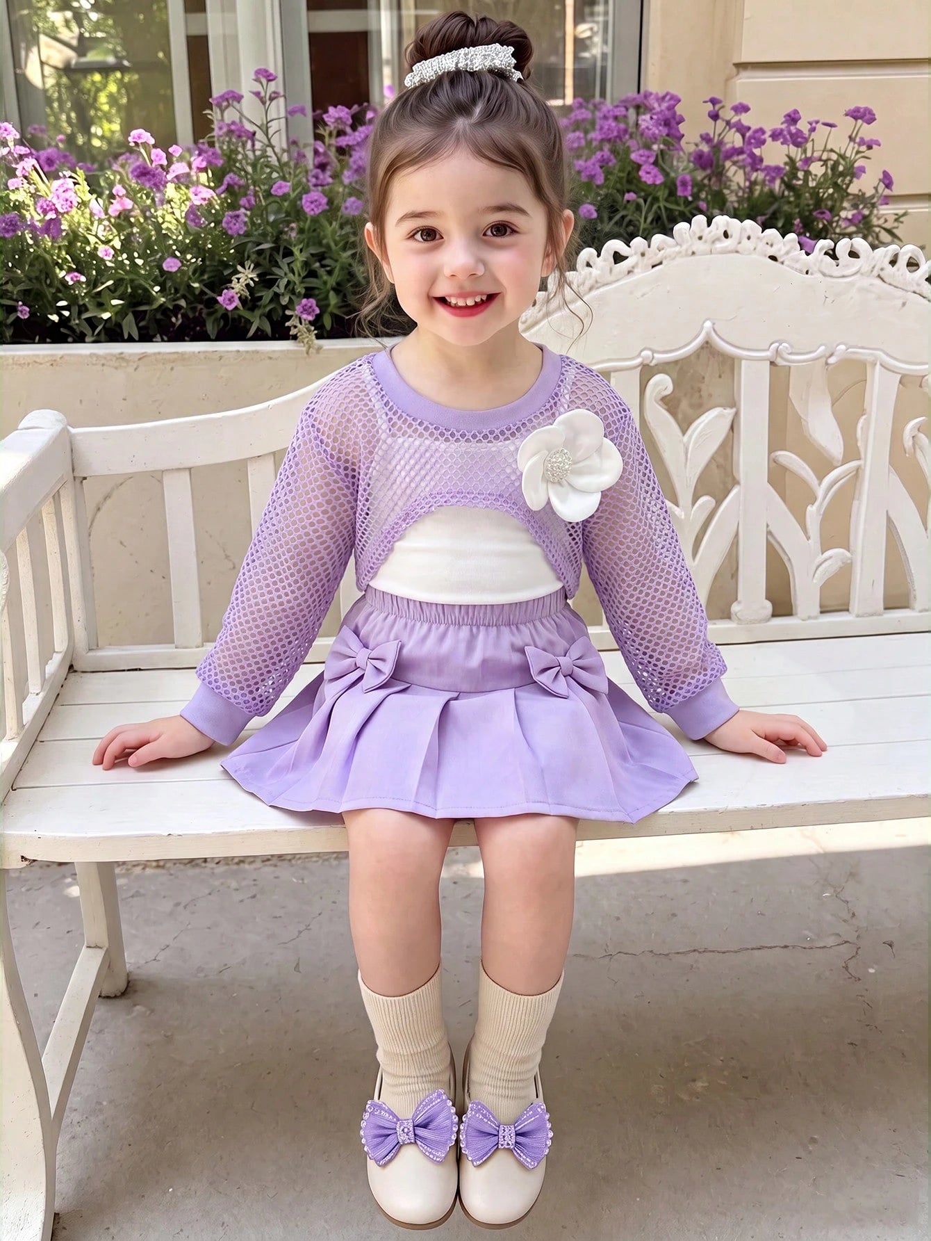 3pcs Girls Mesh Cover-Up, Camisole & Bow Pleated Skirt Set - Wister...