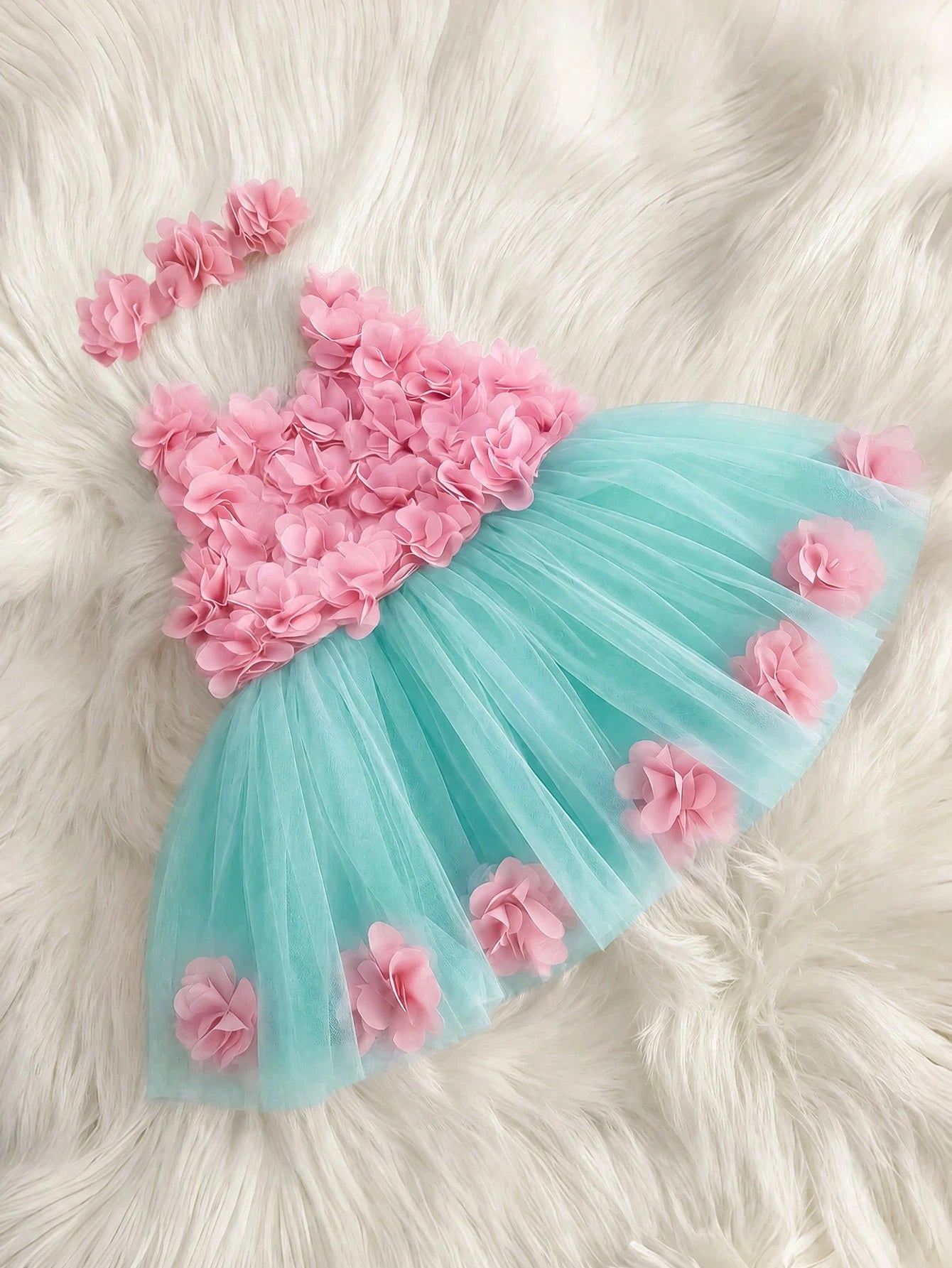 Girls 3D Floral Appliqué Tulle Ball Gown Dress - Aqua | 21 Century ...