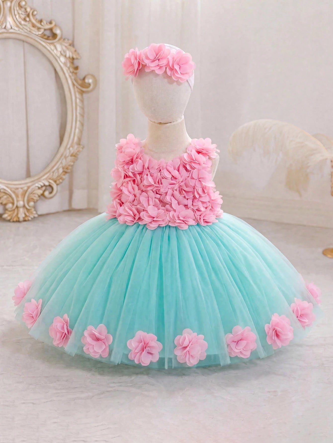 Girls 3D Floral Appliqué Tulle Ball Gown Dress - Aqua | 21 Century ...