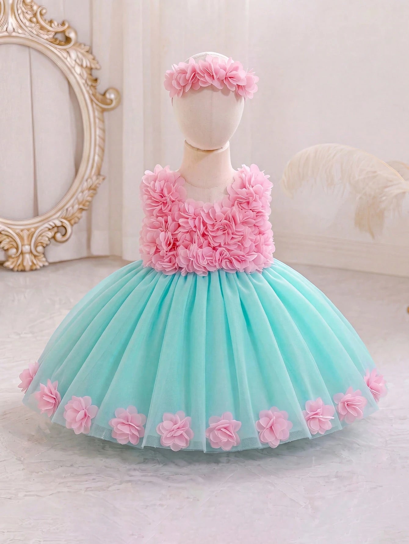 Girls 3D Floral Appliqué Tulle Ball Gown Dress - Aqua | 21 Century ...