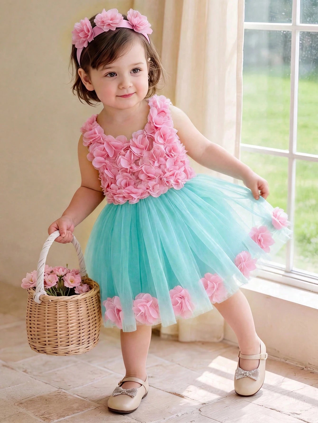 Girls 3D Floral Appliqué Tulle Ball Gown Dress - Aqua | 21 Century ...