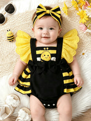2pcs Baby Girls Bee Print Eyelet Wing Romper & Headband - Onyx | 21...