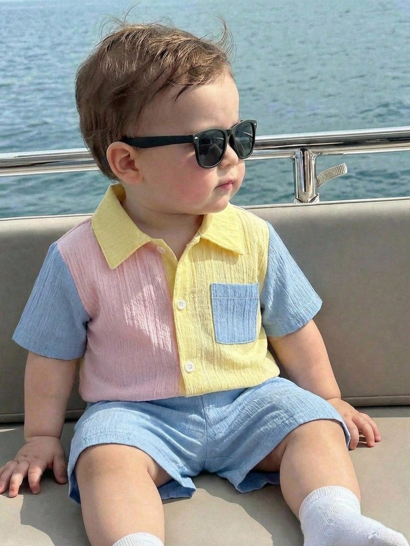 2pcs Boys Colorblock Crinkle Polo Shirt & Shorts Set - Buttercup | ...