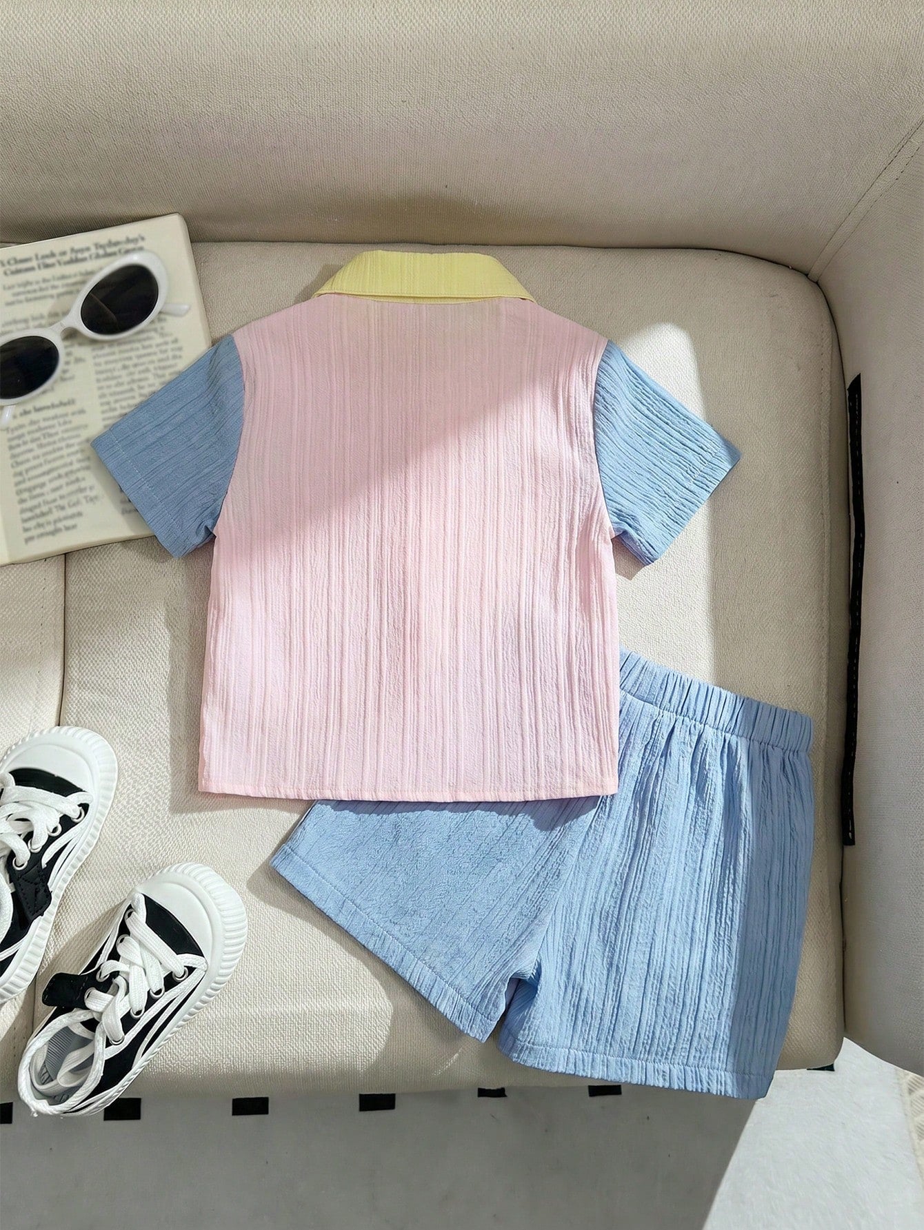2pcs Boys Colorblock Crinkle Polo Shirt & Shorts Set - Buttercup | ...