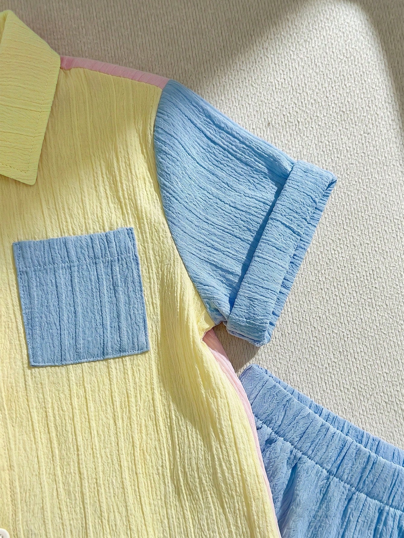 2pcs Boys Colorblock Crinkle Polo Shirt & Shorts Set - Buttercup | ...