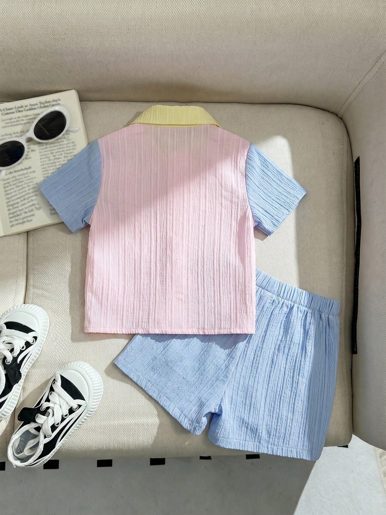 2pcs Boys Colorblock Crinkle Polo Shirt & Shorts Set - Buttercup | ...