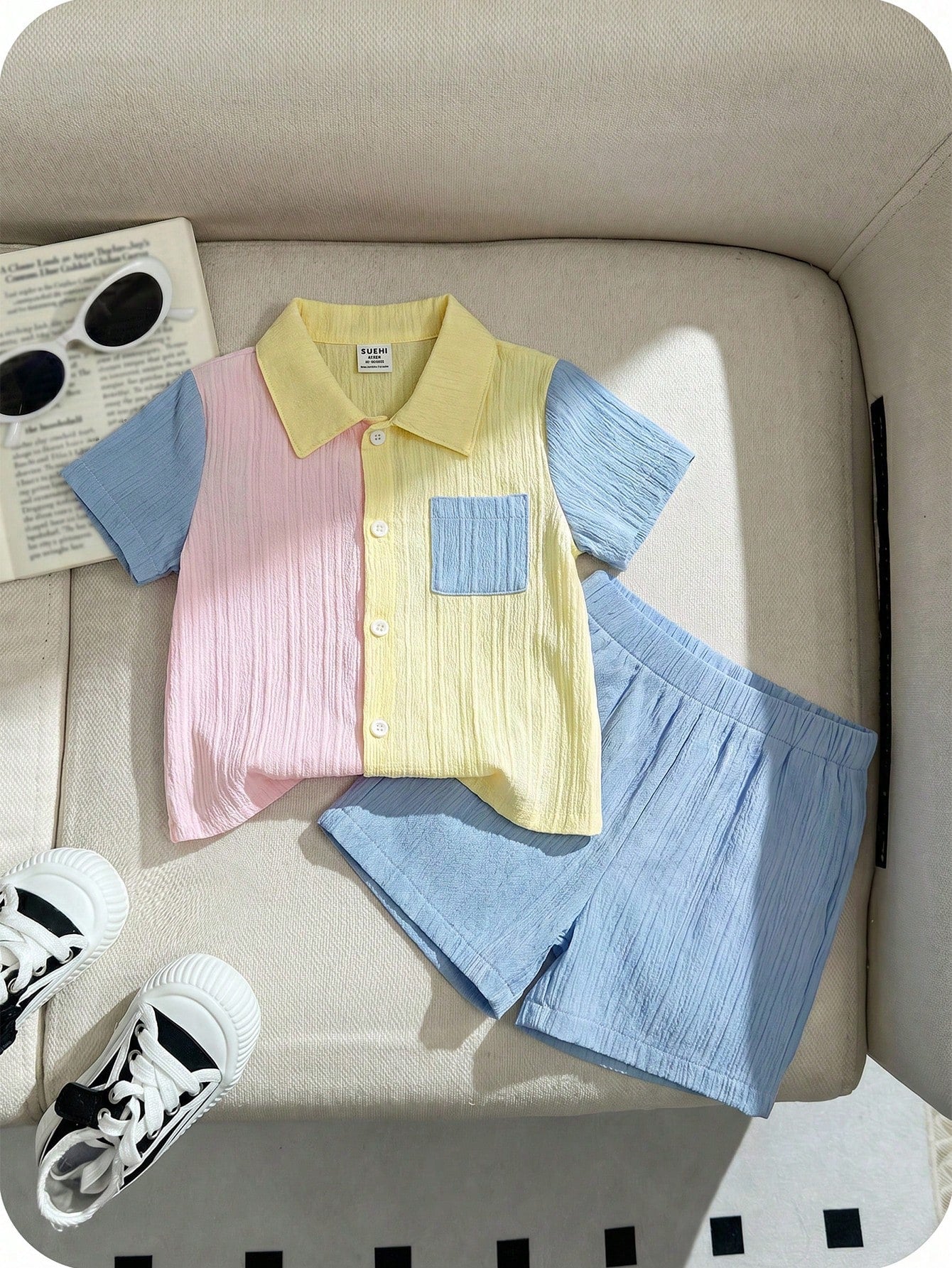 2pcs Boys Colorblock Crinkle Polo Shirt & Shorts Set - Buttercup | ...