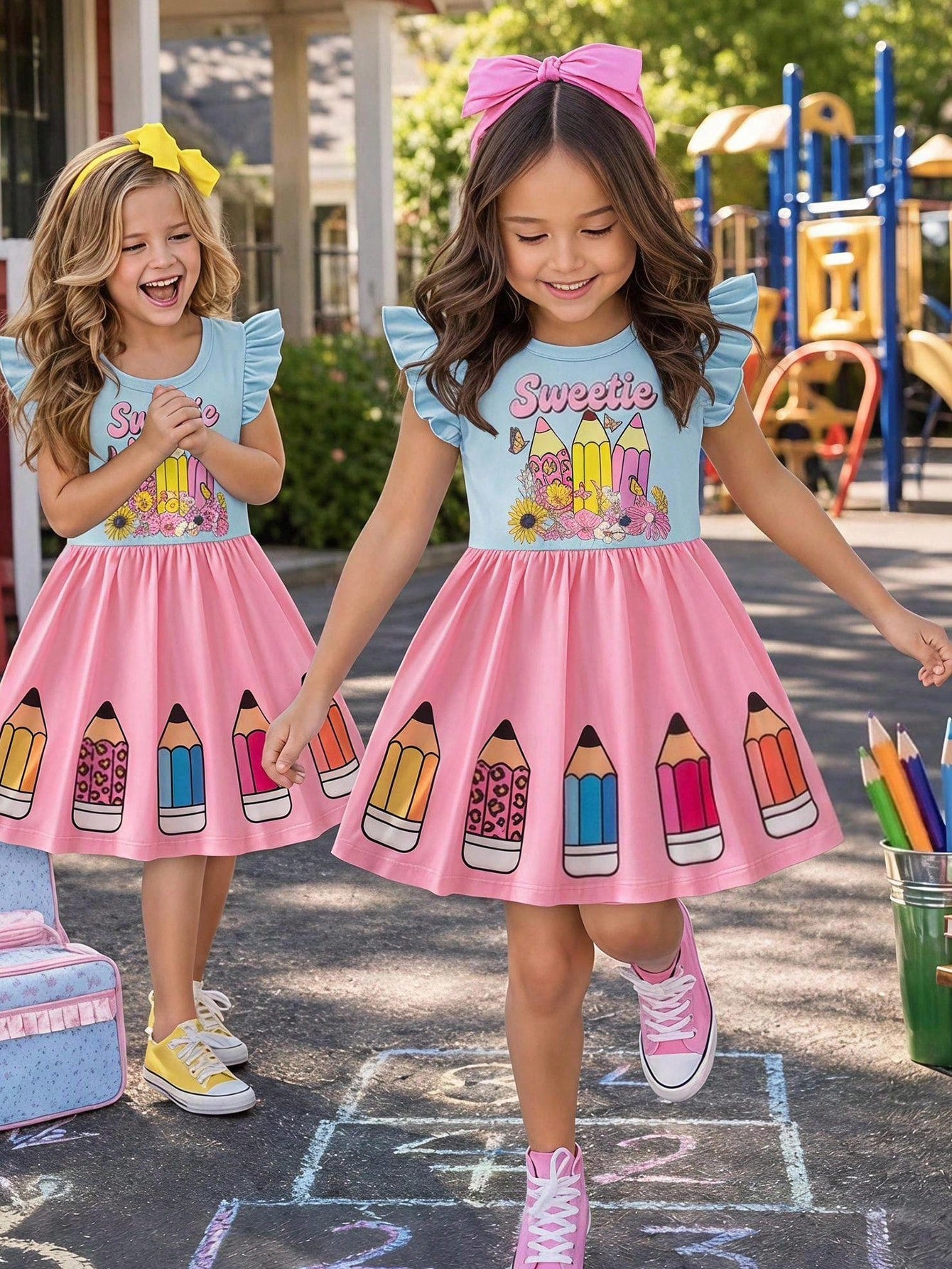Little Girls Pencil Print Flutter Sleeve Twirl Dress - Blush | 21 C...