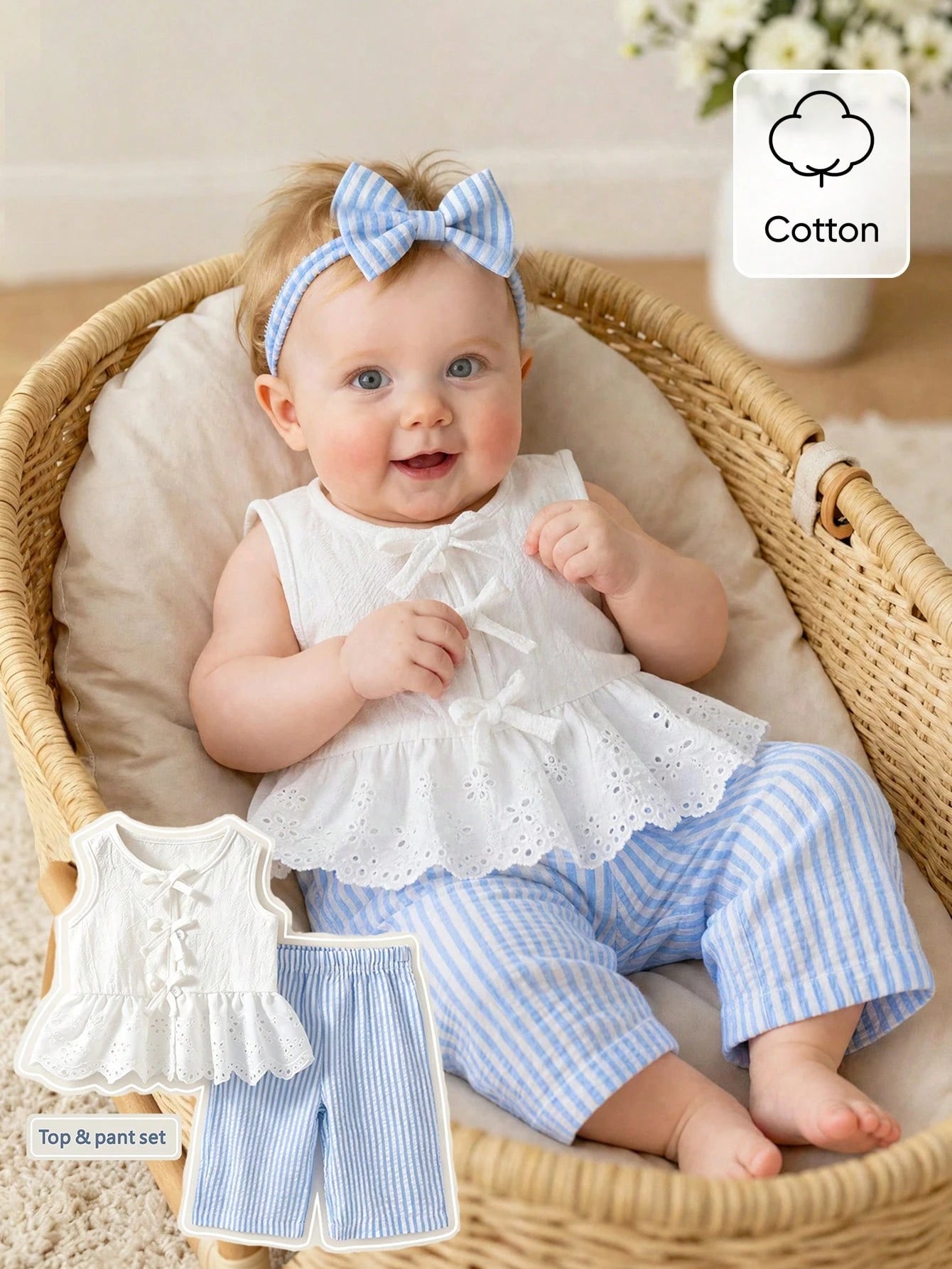 2pcs Baby Girls Eyelet Peplum Top & Striped Pants Set - Ivory | 21 ...