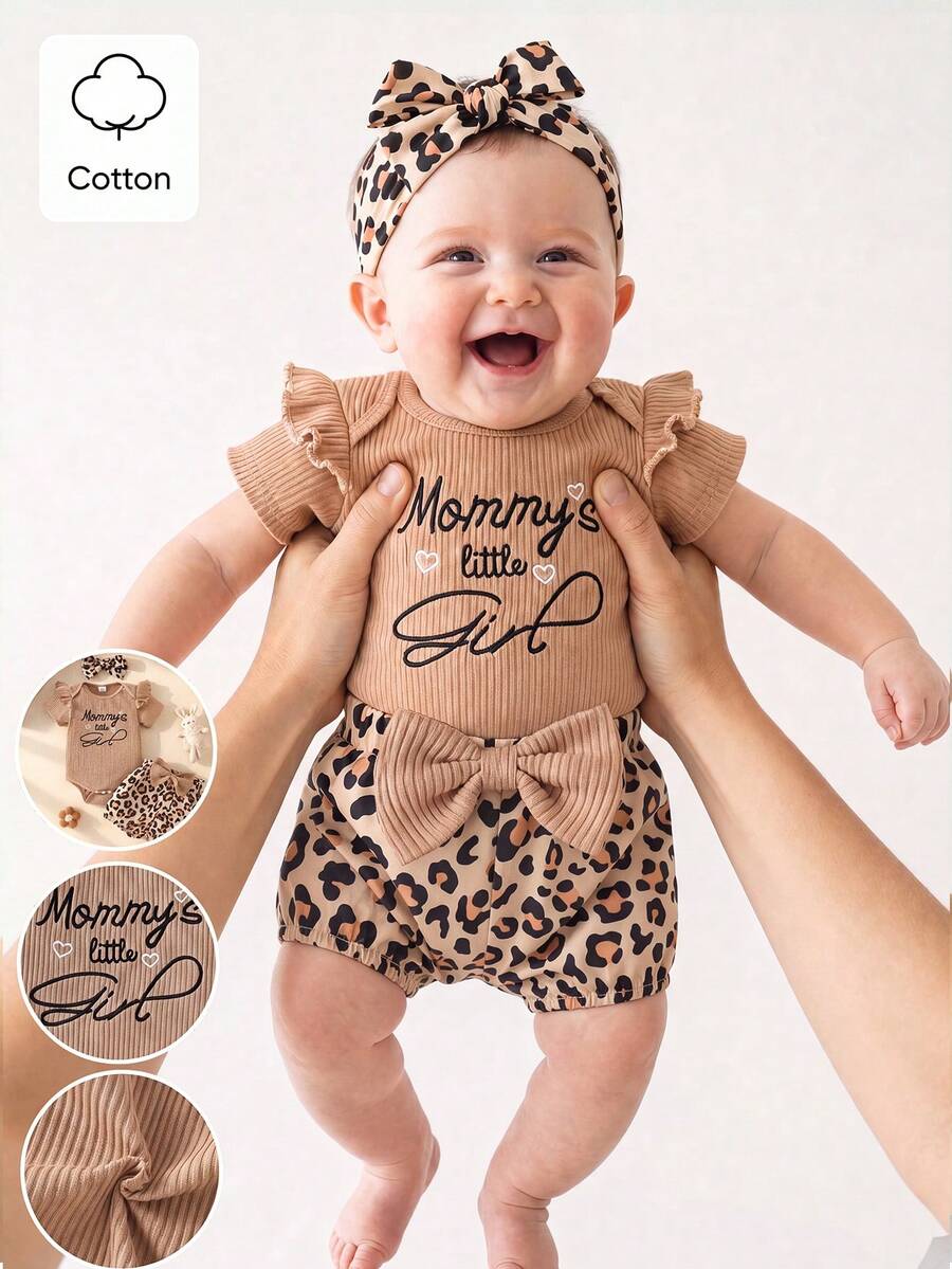 3pcs Baby Girls Ribbed Embroidered Bodysuit & Leopard Bloomer Set -...