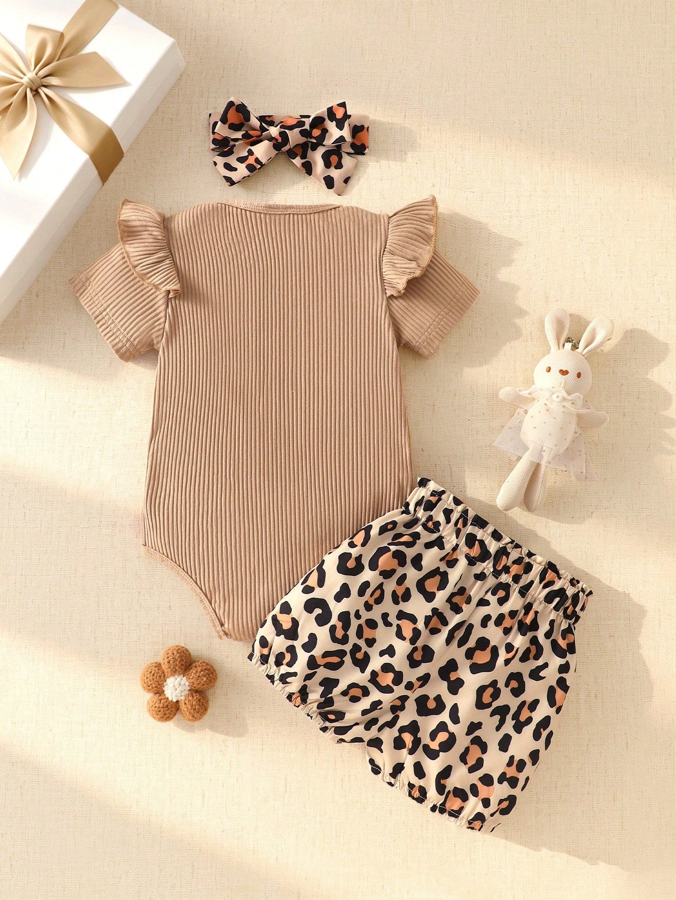 3pcs Baby Girls Ribbed Embroidered Bodysuit & Leopard Bloomer Set -...