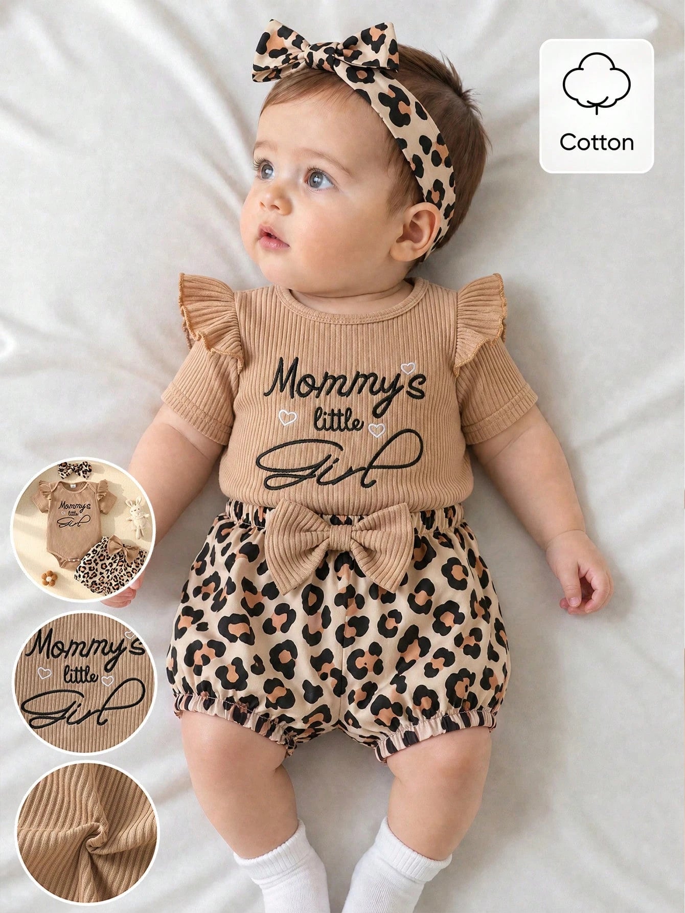 3pcs Baby Girls Ribbed Embroidered Bodysuit & Leopard Bloomer Set -...