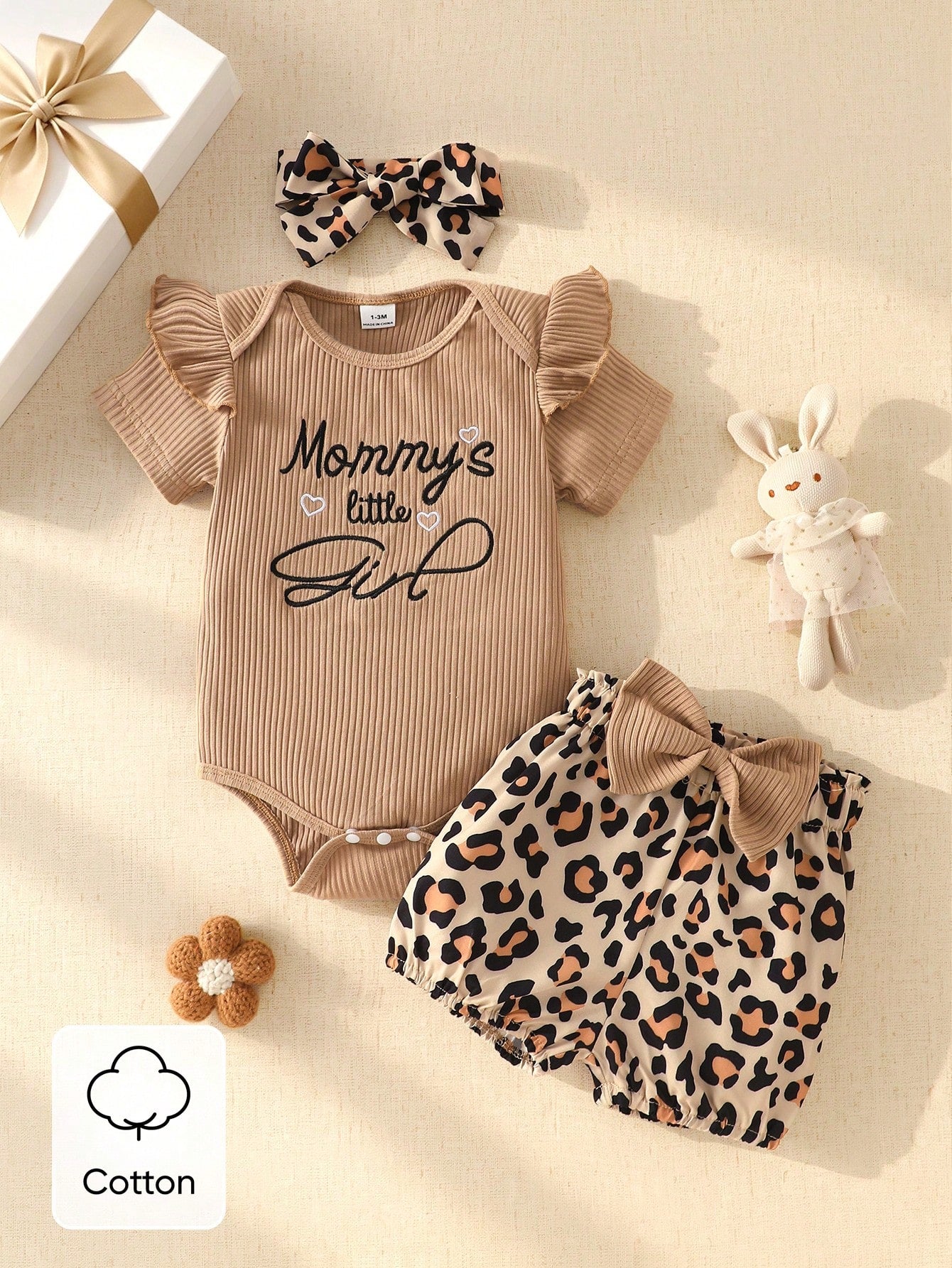 3pcs Baby Girls Ribbed Embroidered Bodysuit & Leopard Bloomer Set -...