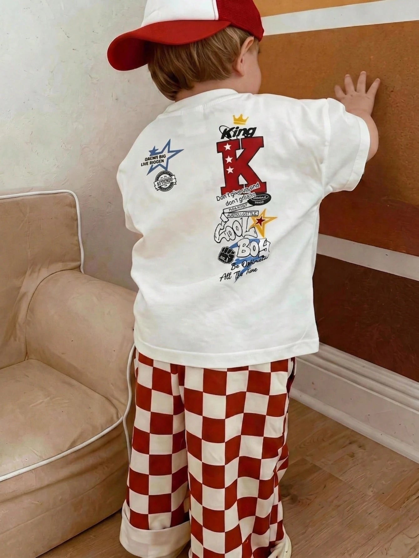 2pcs Boys King Graphic Tee & Checkerboard Pants Set - Scarlet | 21 ...