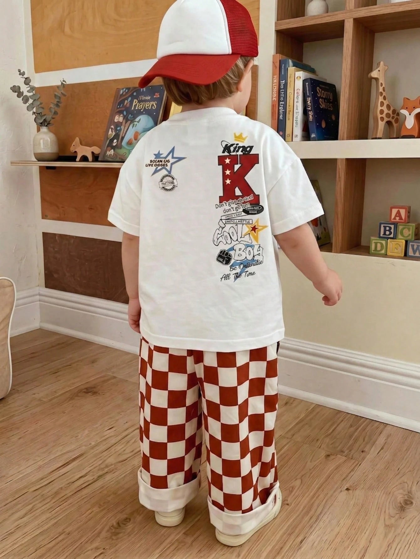 2pcs Boys King Graphic Tee & Checkerboard Pants Set - Scarlet | 21 ...