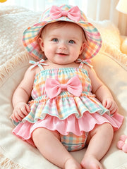 2pcs Baby Girls Plaid Bow Romper & Sun Hat Set - Sorbet | 21 Centur...