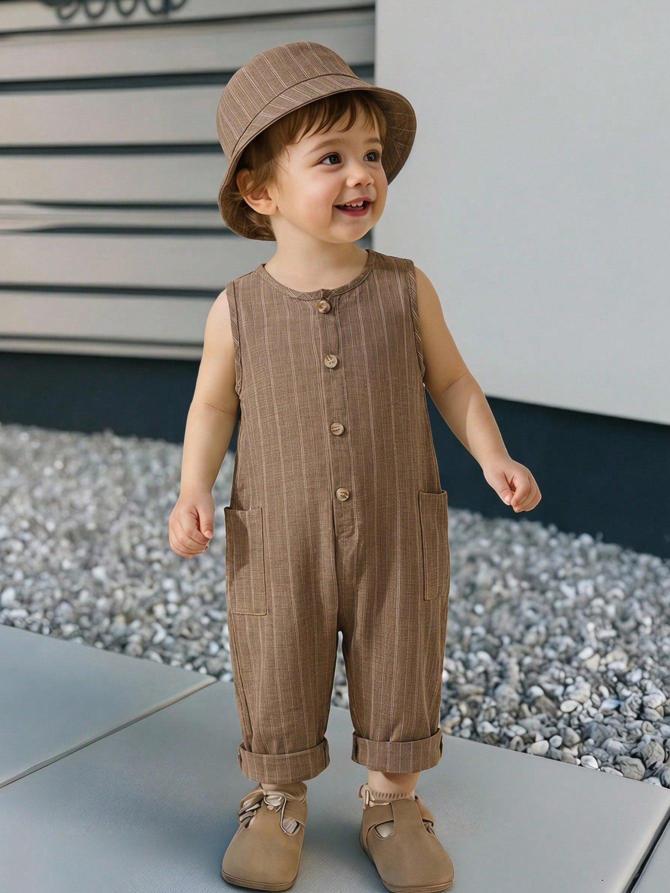 Boys Striped Linen-Blend Sleeveless Jumpsuit - Wenge | 21 Century Kids
