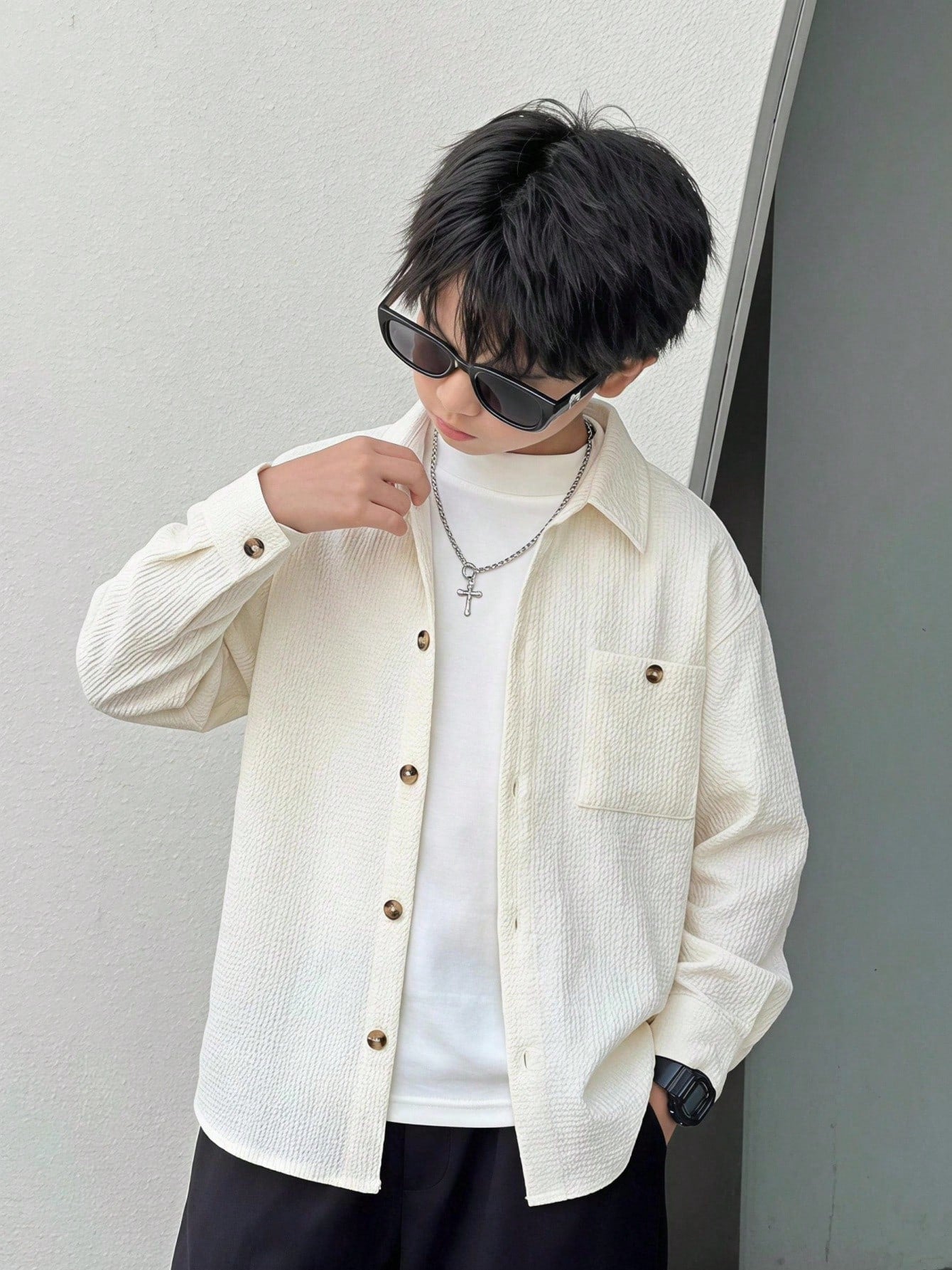 Big Boys Textured Overshirt Drop Shoulder Button-Down - Ivory | 21 ...