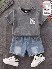 2pcs Boys Daddy's Lil Dude Tee & Denim Shorts Set - Slate | 21 Cent...