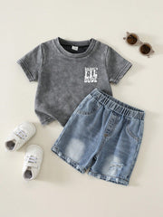 2pcs Boys Daddy's Lil Dude Tee & Denim Shorts Set - Slate | 21 Cent...