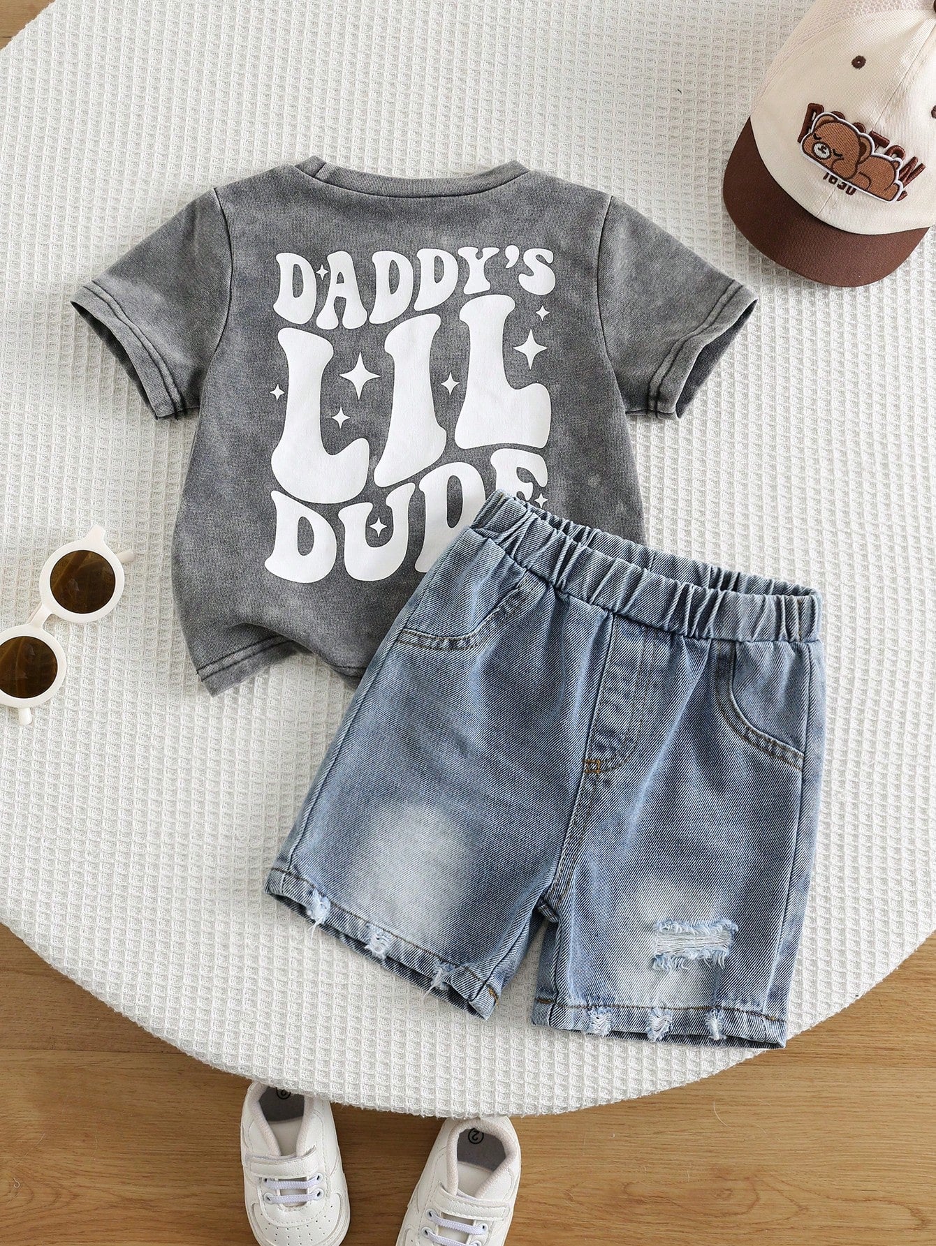 2pcs Boys Daddy's Lil Dude Tee & Denim Shorts Set - Slate | 21 Cent...