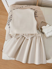 2pcs Little Girls Bow V-Neck Vest & Pleated Skirt Set - Ecru | 21 C...