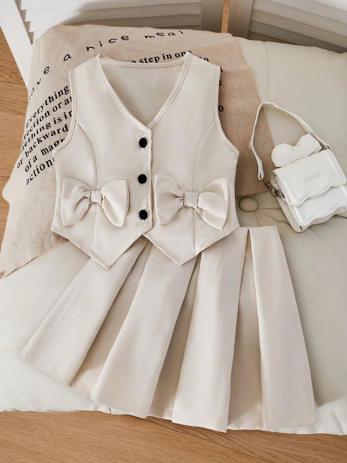 2pcs Little Girls Bow V-Neck Vest & Pleated Skirt Set - Ecru | 21 C...