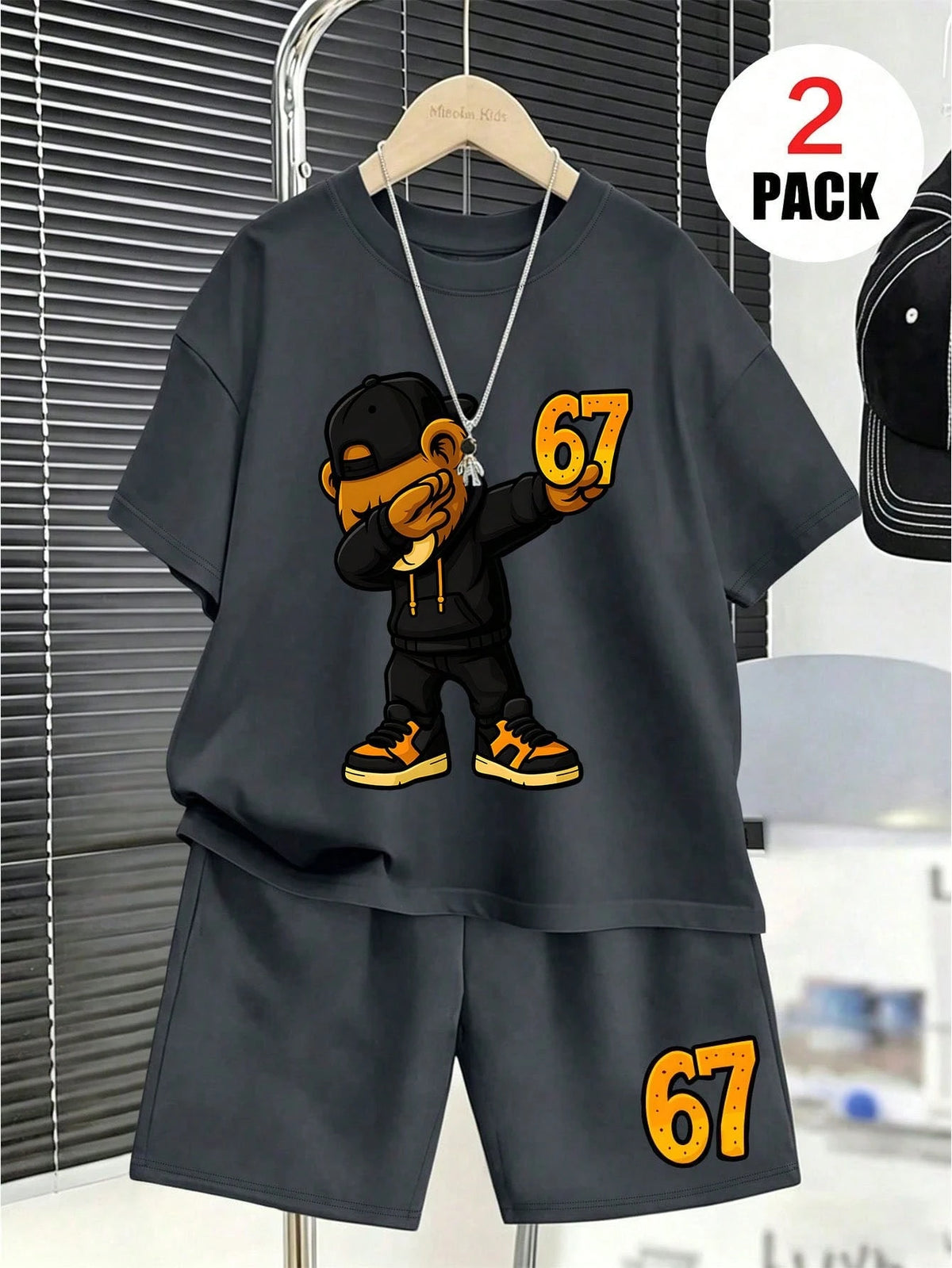 2pcs Boys Dabbing Bear Graphic Tee & Shorts Set - Graphite | 21 Cen...