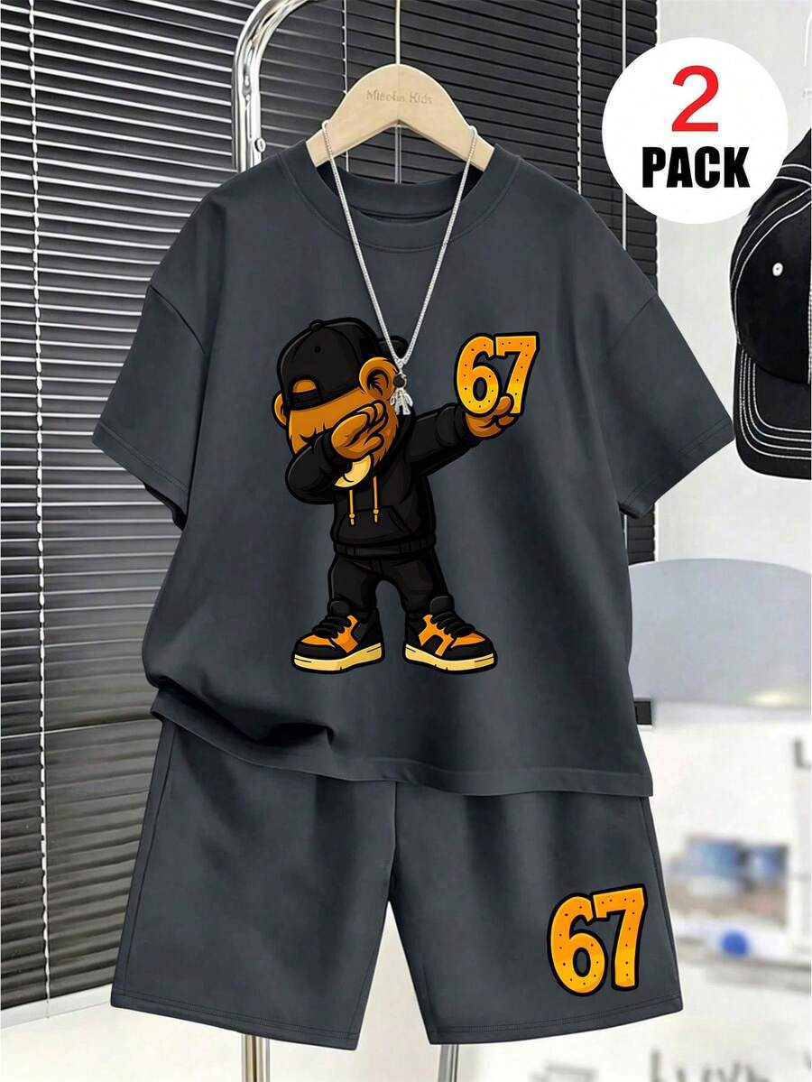 2pcs Boys Dabbing Bear Graphic Tee & Shorts Set - Graphite | 21 Cen...
