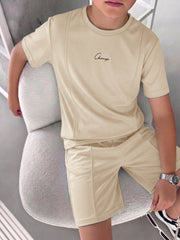 2pcs Boys Script Embroidered Tee & Shorts Set - Buff | 21 Century Kids